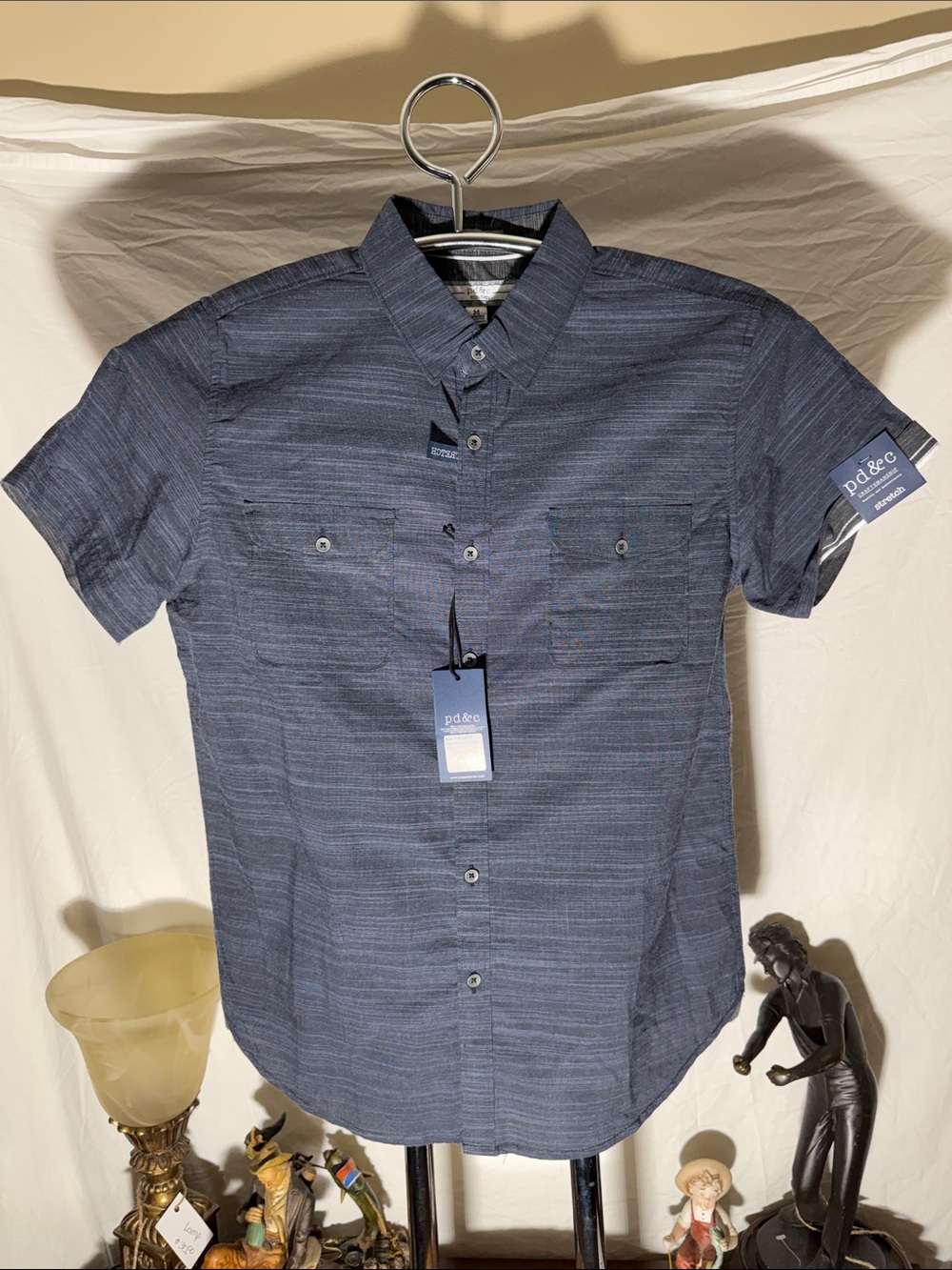 PD&C Navy Short-Sleeve Subtle-Stripe Button-Down Shirt